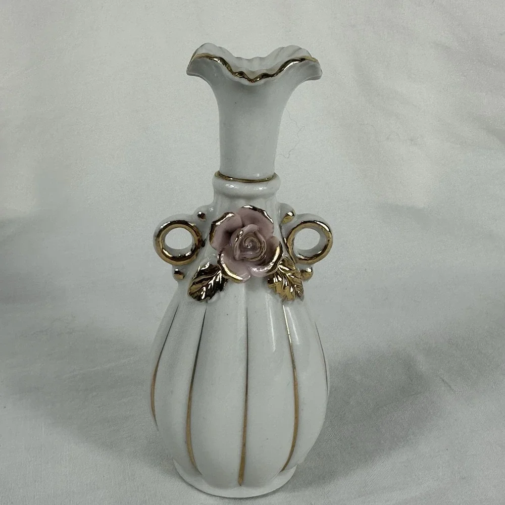 Vintage Pair Miniature Porcelain Bud Vases Pink Applied Roses Gold Trim 5